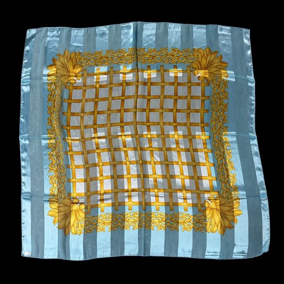 Vintage Sheer Scarf Blue Gold Ribbon Stripes Korea 1980s Polyester Wrap Retro - Picture 3 of 8